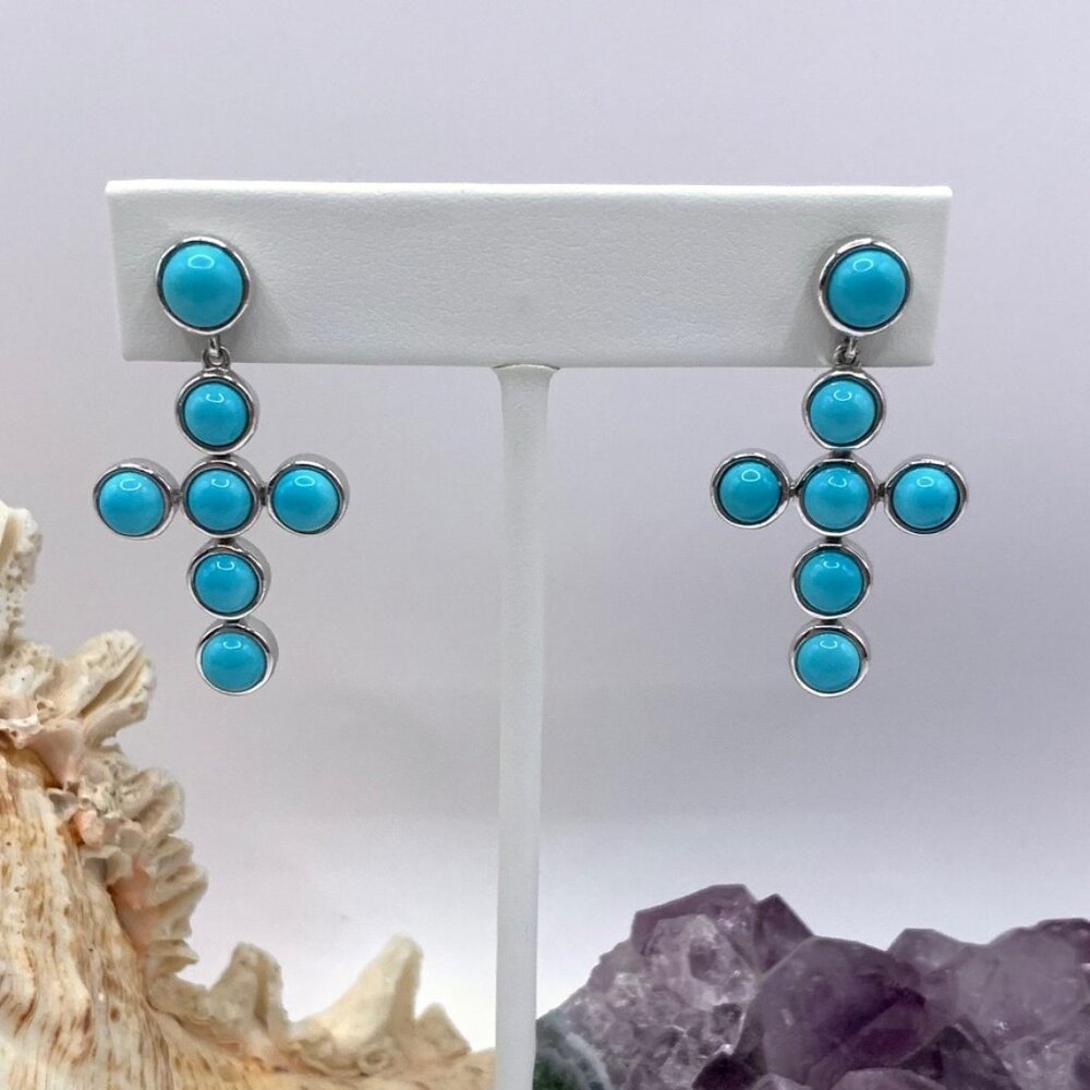 Turquoise Sterling Silver Robins Egg Blue Pierced Cross Earrings KHR 925 J876